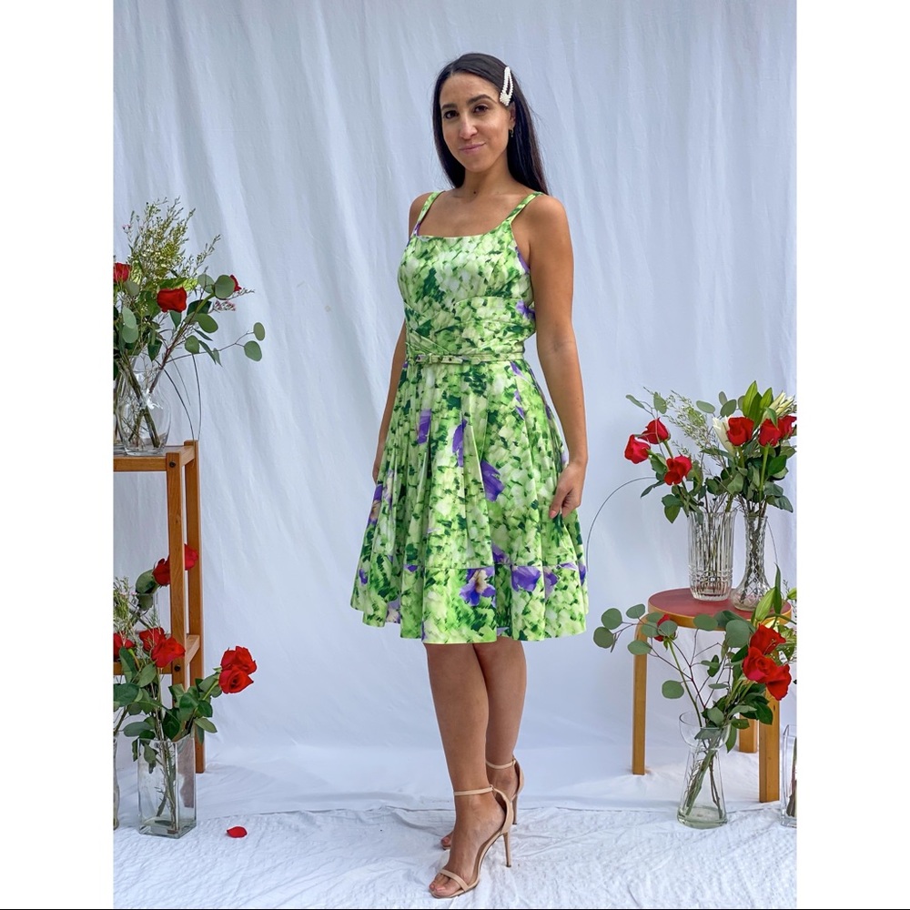 Oscar de la Renta A-Line green floral dress w/belt